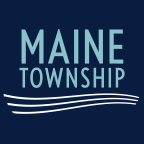 Maine Township logo: Teal text on dark blue background, white curved lines below text.