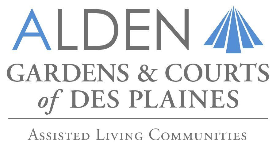 Alden Gardens & Courts of Des Plaines logo with blue and gray text.