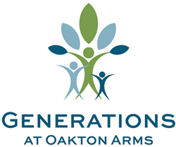 Logo for Generations at Oakton Arms, featuring a family-like design with green, blue, and teal figures under stylized leaves.