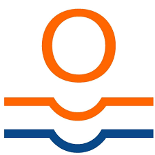 Orange circle over two horizontal lines, orange on top and blue below, all with curved indentations.