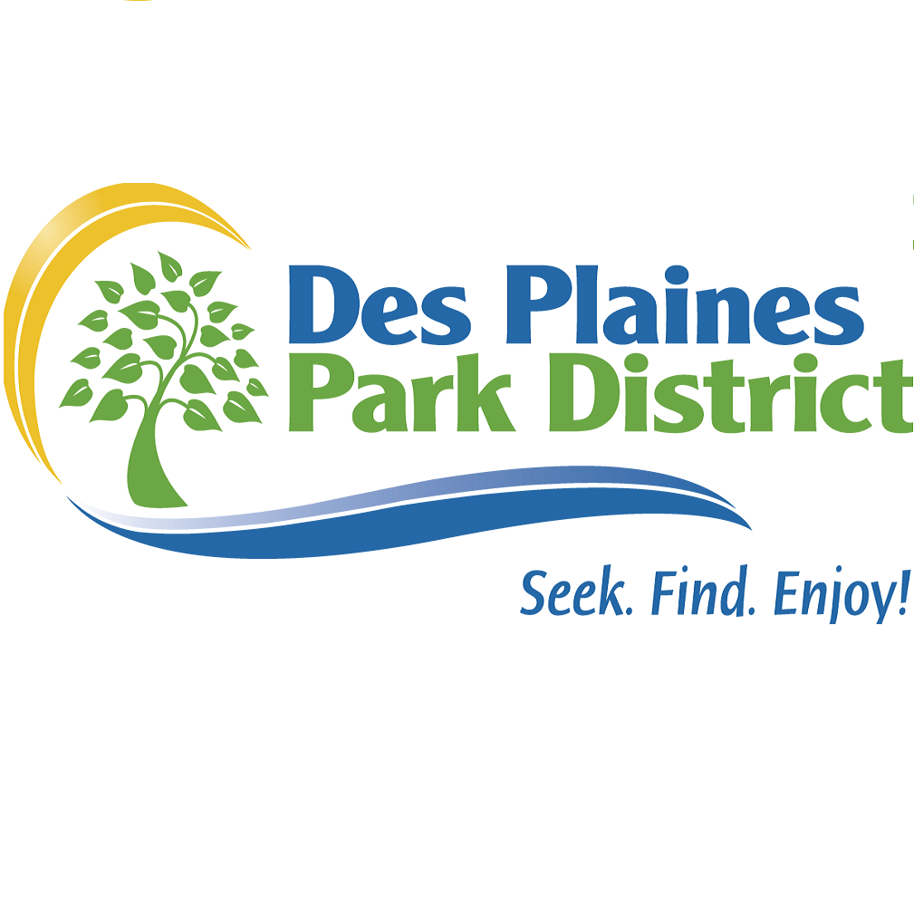 Des Plaines Park District logo: tree with leaves, arching gold and blue wave, text