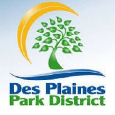 Logo for Des Plaines Park District: Tree with green leaves, yellow arc, blue water, blue and green text.