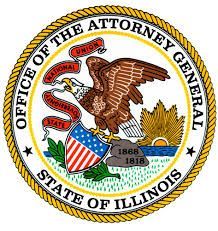 Illinois Attorney General's Office seal: Eagle holding shield with stars/stripes, over a sunrise, encircled by text.