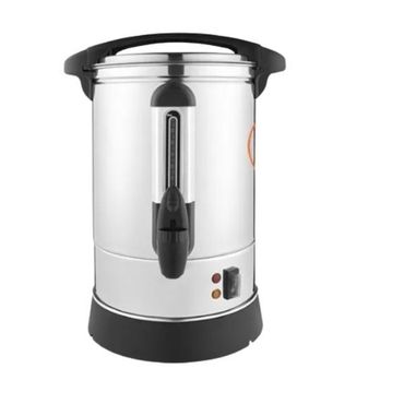 Hervidor de agua eléctrico de acero inoxidable con asas y base negras, indicador de temperatura frontal y controles.