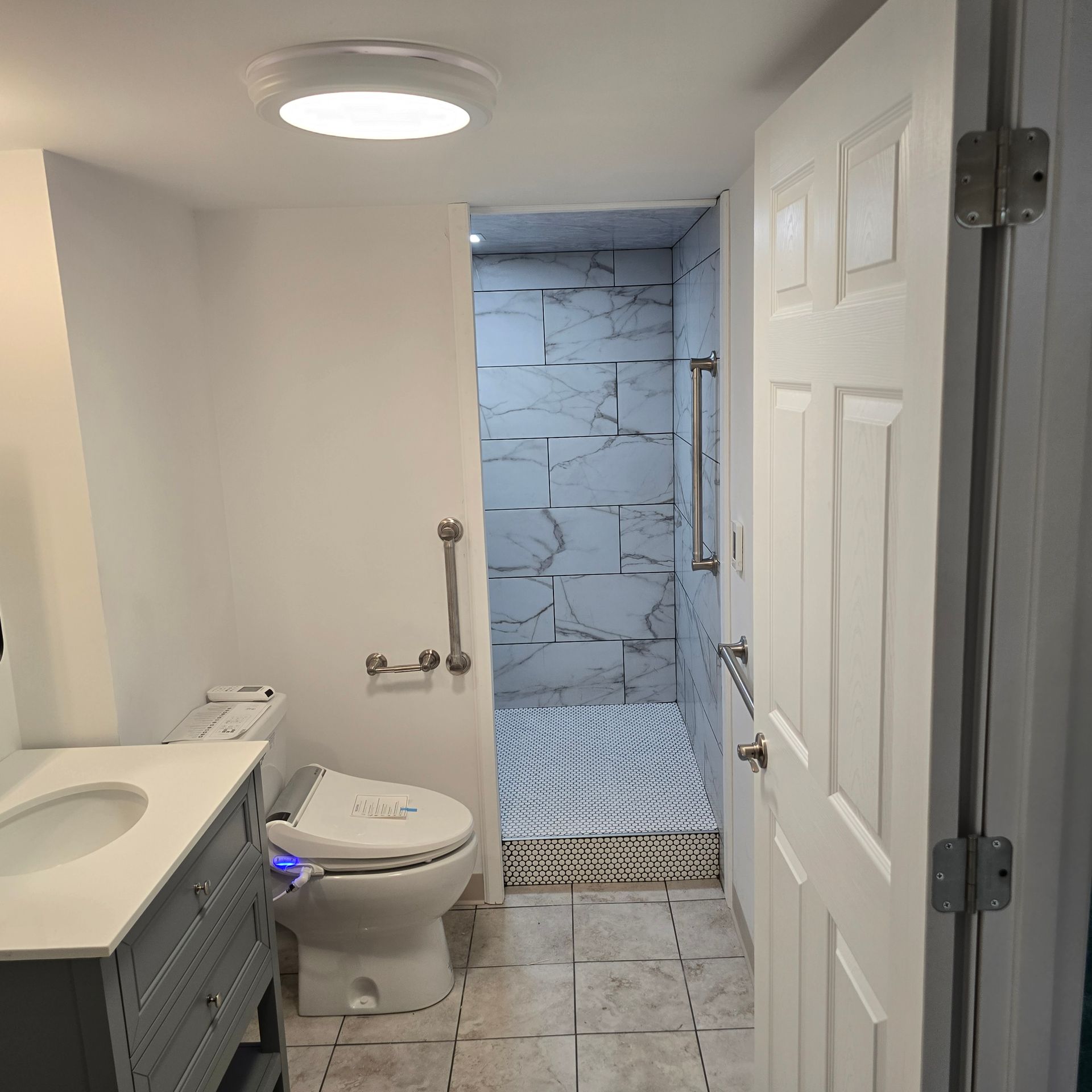 A bathroom with a toilet a sink and a walk in shower