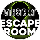 Logo for 5th Street Escape Room: black circle with white text and a keyhole graphic, glowing green.