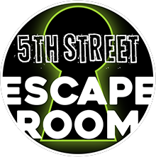 Logo for 5th Street Escape Room: black circle with white text and a keyhole graphic, glowing green.