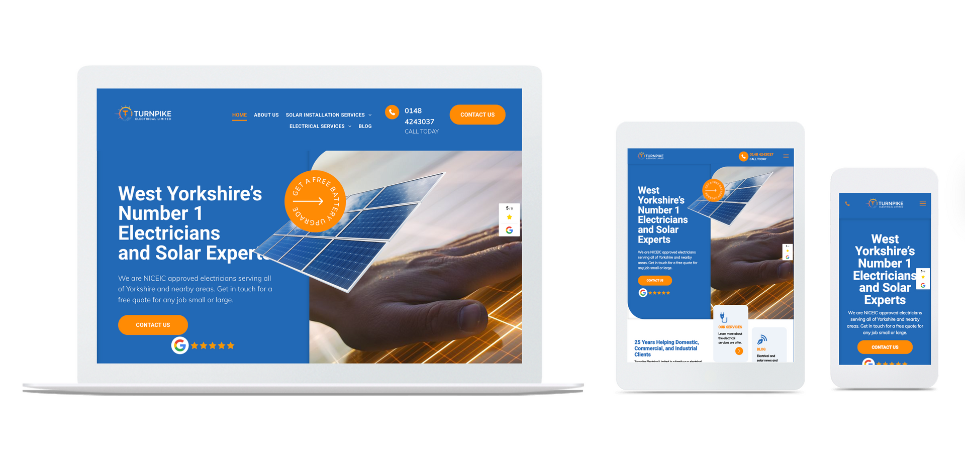 A laptop , tablet , and cell phone displaying an electricians website.