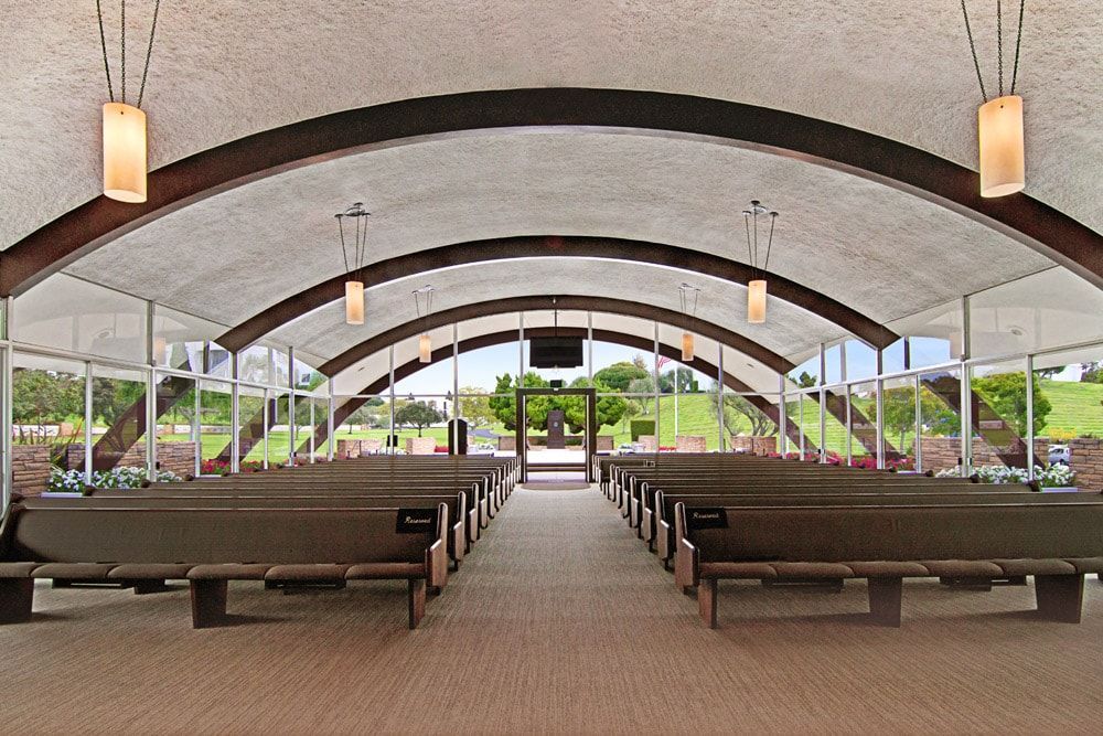 Interior view with lights on inside Chapel at Hillside Memorial Park and Mortuary
