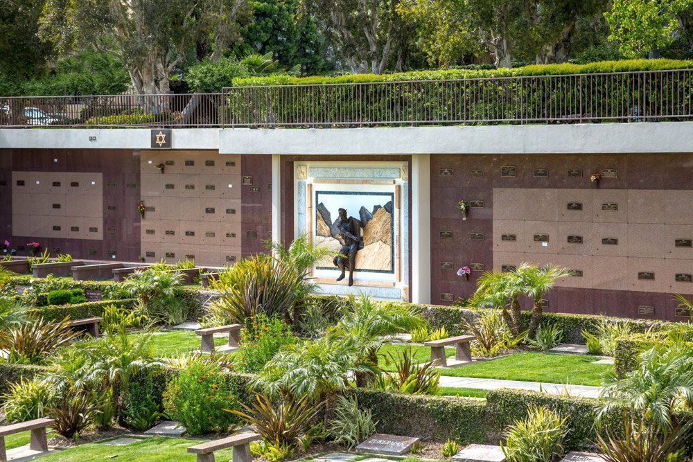 Cemetery grounds with sculpture at Hillside in CA