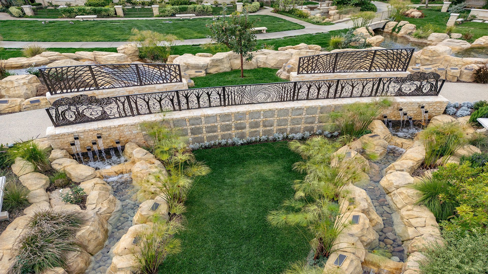 Sheltered embrace in cemetery grounds at Hillside Memorial Park in CA