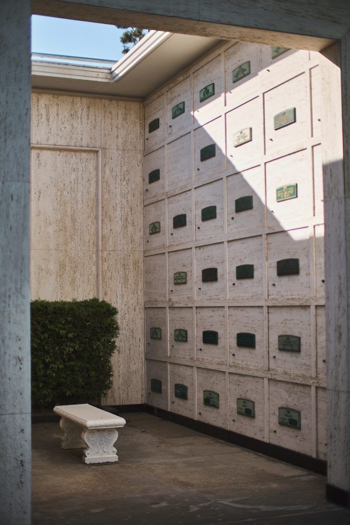 A cemetery with a bench in the middle of it