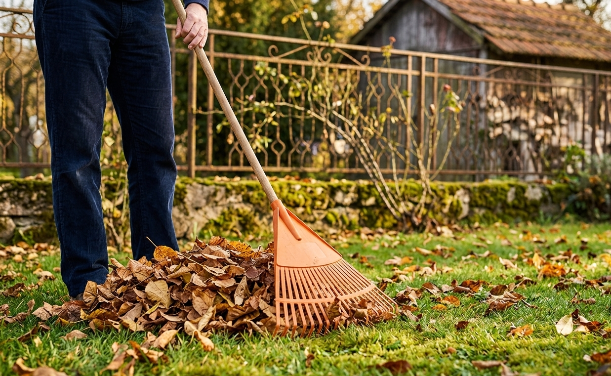 Person raking fallen autumn leaves in a yard near a fence and house