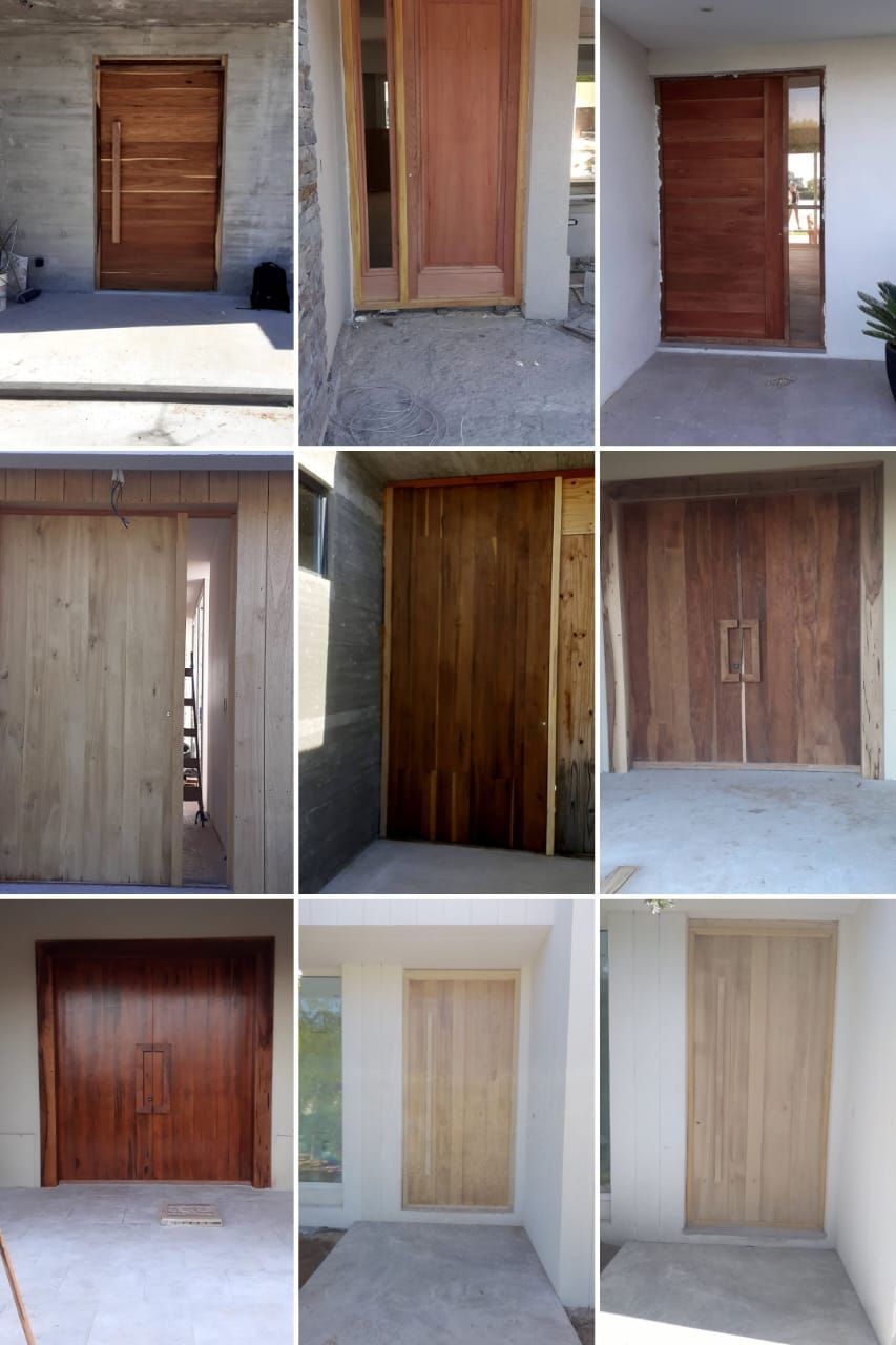 Nueve puertas de madera diferentes con diseños y acabados variados en entornos de construcción.