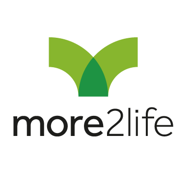 A logo for a company called more2life with a green leaf on a white background.