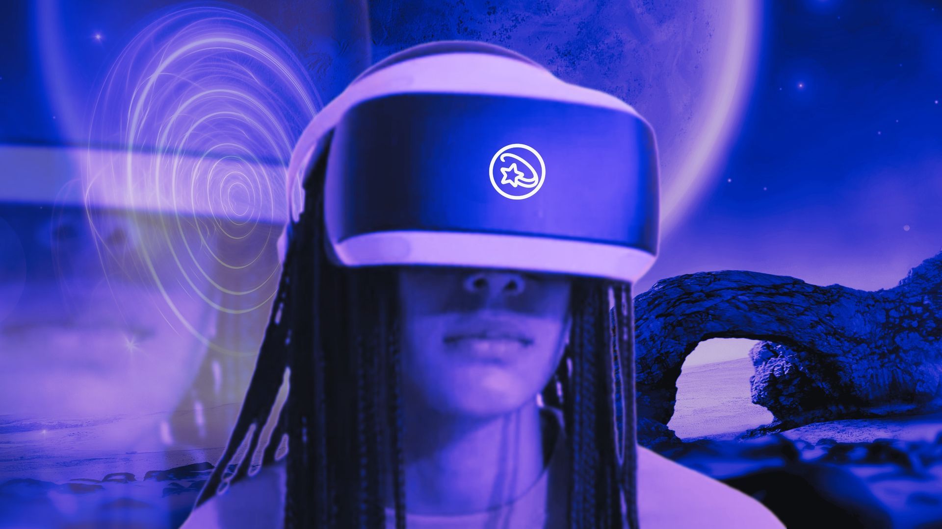 A girl with dreadlocks is wearing the positivestar virtual reality headset. 