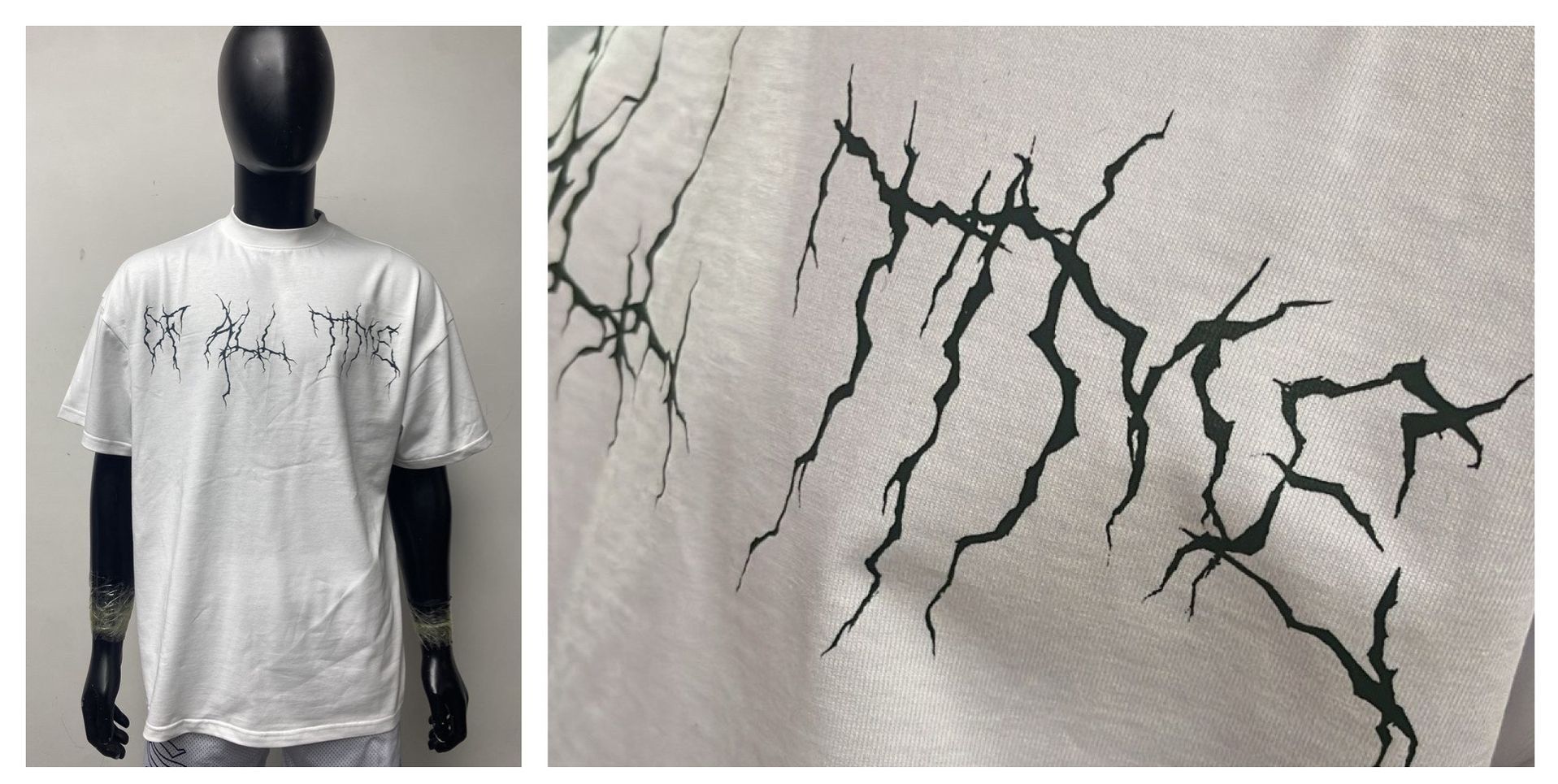 A white t-shirt with a typerwriter design blue dark cracks on it is on a mannequin.