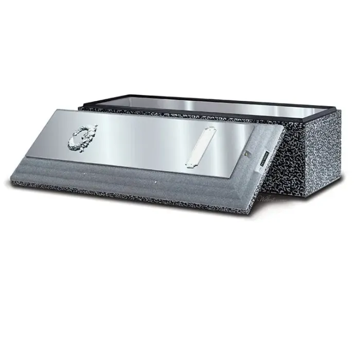 A wooden coffin with the lid open on a white background