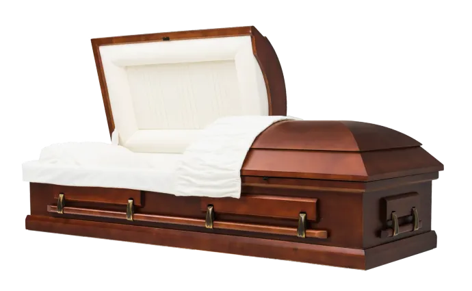 A wooden coffin with the lid open on a white background