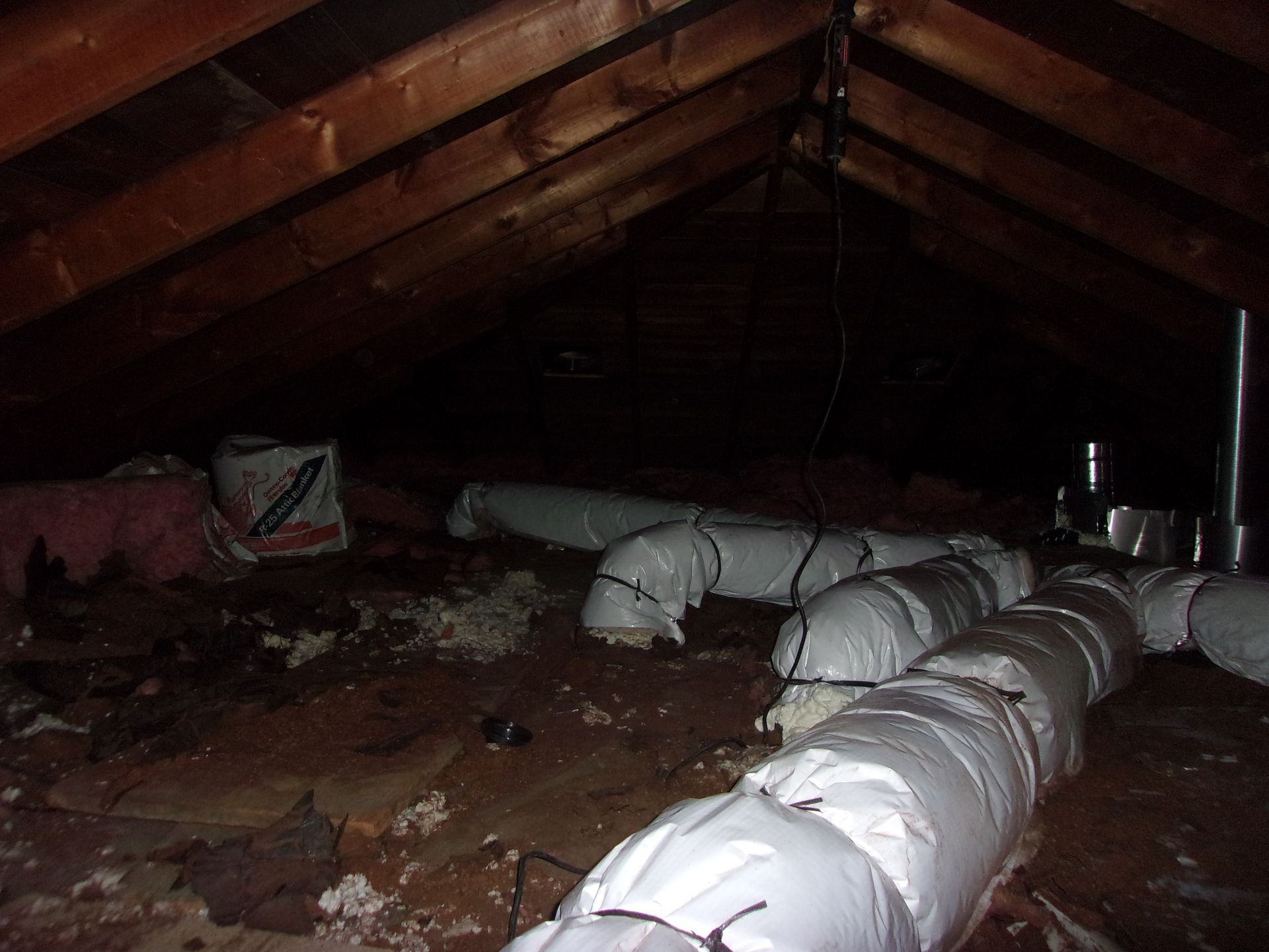 Attic space with severely damaged and moldy fiberglass insulation