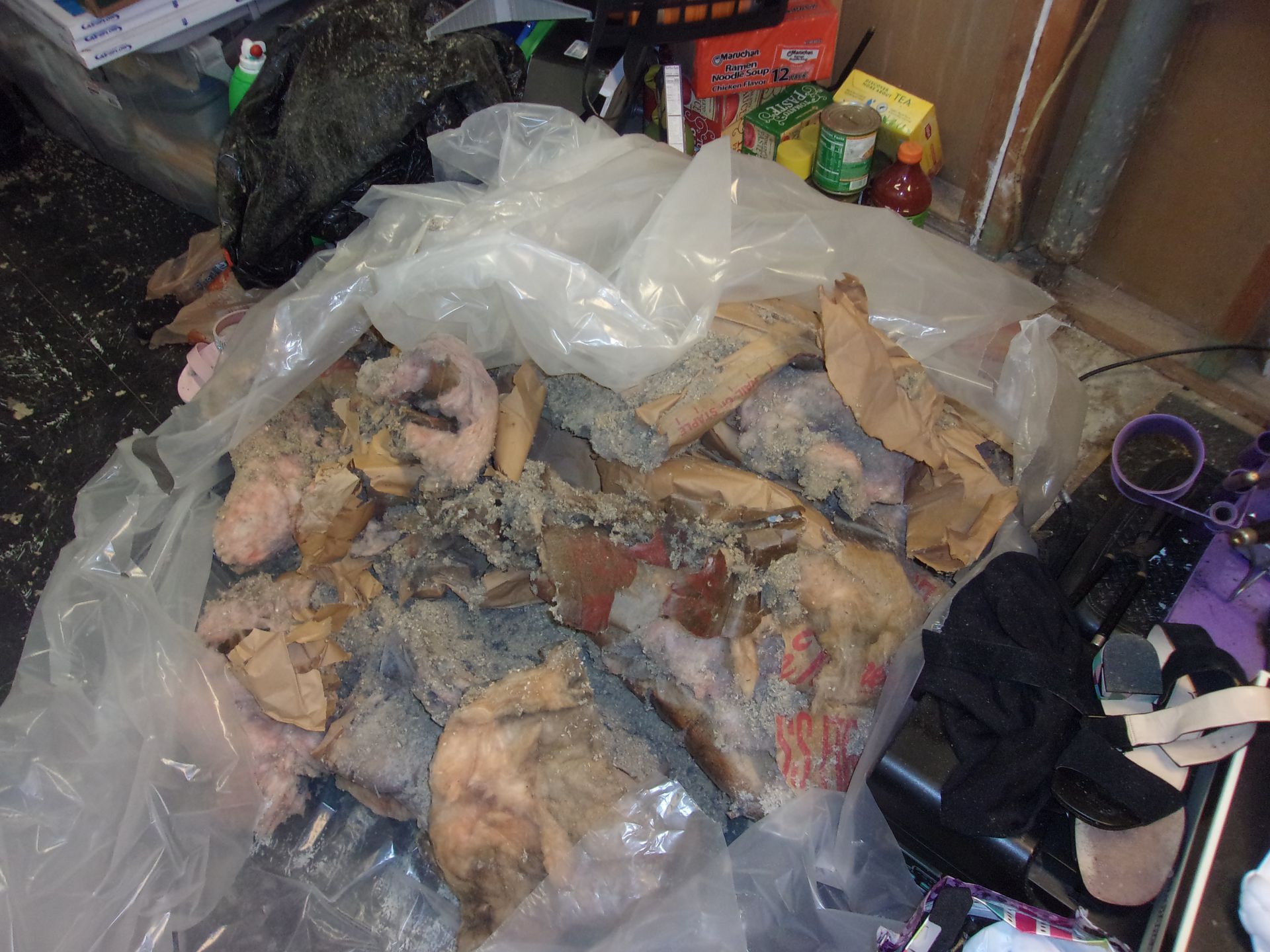 A clear plastic bag filled with what appears to be chunks of rotted, beige and reddish material. The setting looks cluttered.