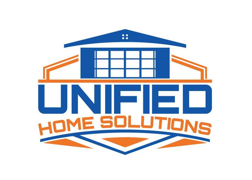 Logo for Unified Home Solutions, featuring a blue house outline with an orange and blue text design.