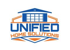 Logo for Unified Home Solutions featuring a blue house outline and orange text, reading 