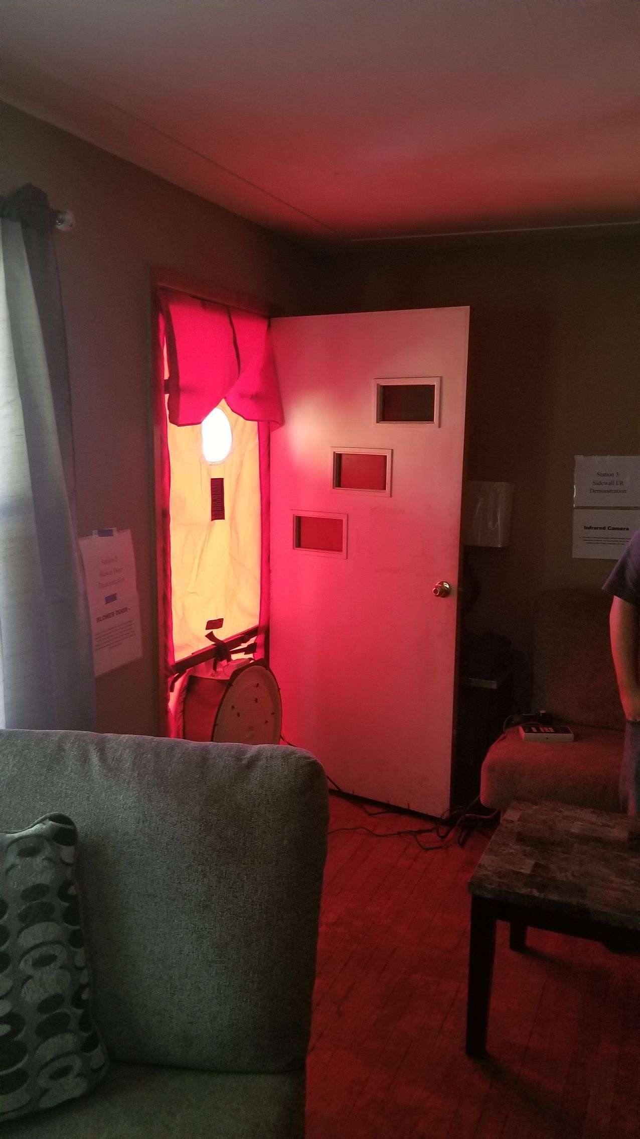 An inside view of the set up for a blower door test