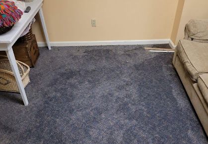 A living room with a couch and a desk and a carpeted floor.