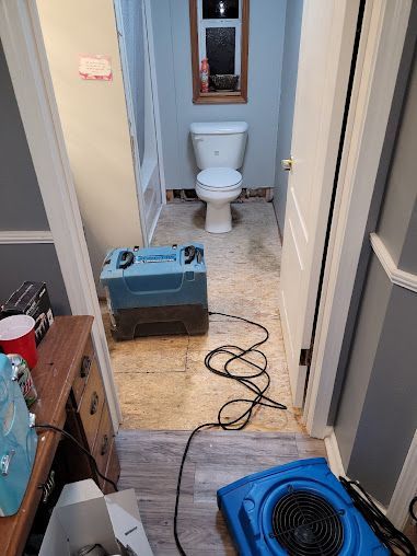 A bathroom with a toilet and a fan on the floor.