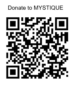 QR code: Donate to MYSTIQUE. Black and white, square, pixelated code pattern.