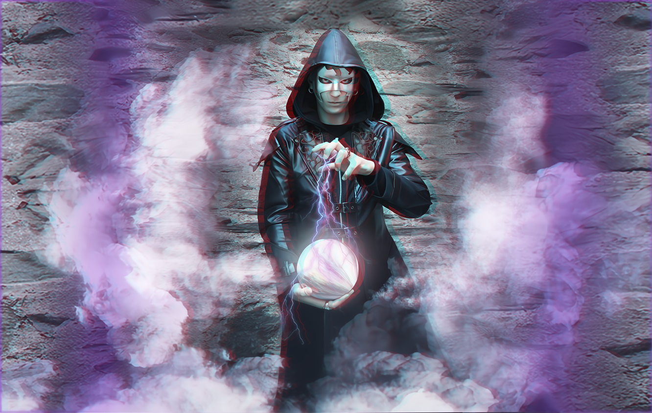 Person in black hooded attire manipulates a glowing orb, surrounded by purple mist and static electricity.