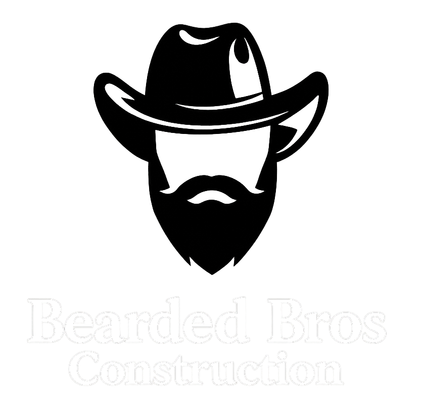 Logo featuring a stylized black silhouette of a cowboy hat and a beard, with white "Bearded Bros Construction" text below.
