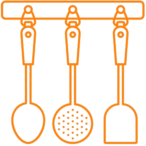 Un dessin au trait de trois ustensiles de cuisine suspendus sur un support.