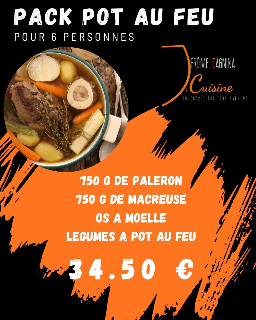 Affiche pour un pack repas Pot-au-feu pour 6 personnes : ingrédients, prix et logo.