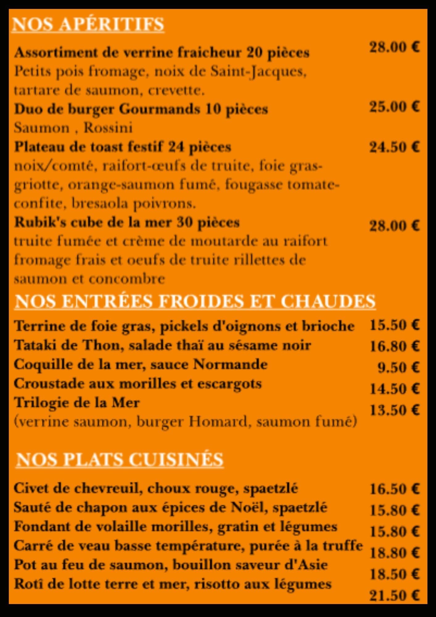 Menu avec entrées, plats chauds et froids, et plats cuisinés, avec les prix.