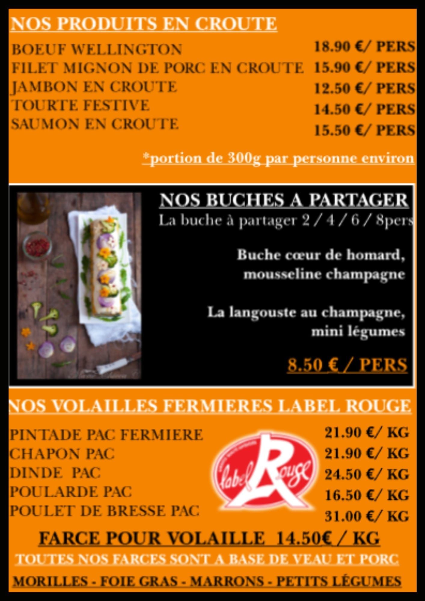 Tableau de menu à fond orange, listant les plats en croûte, les bûches à partager et la volaille, avec les prix.