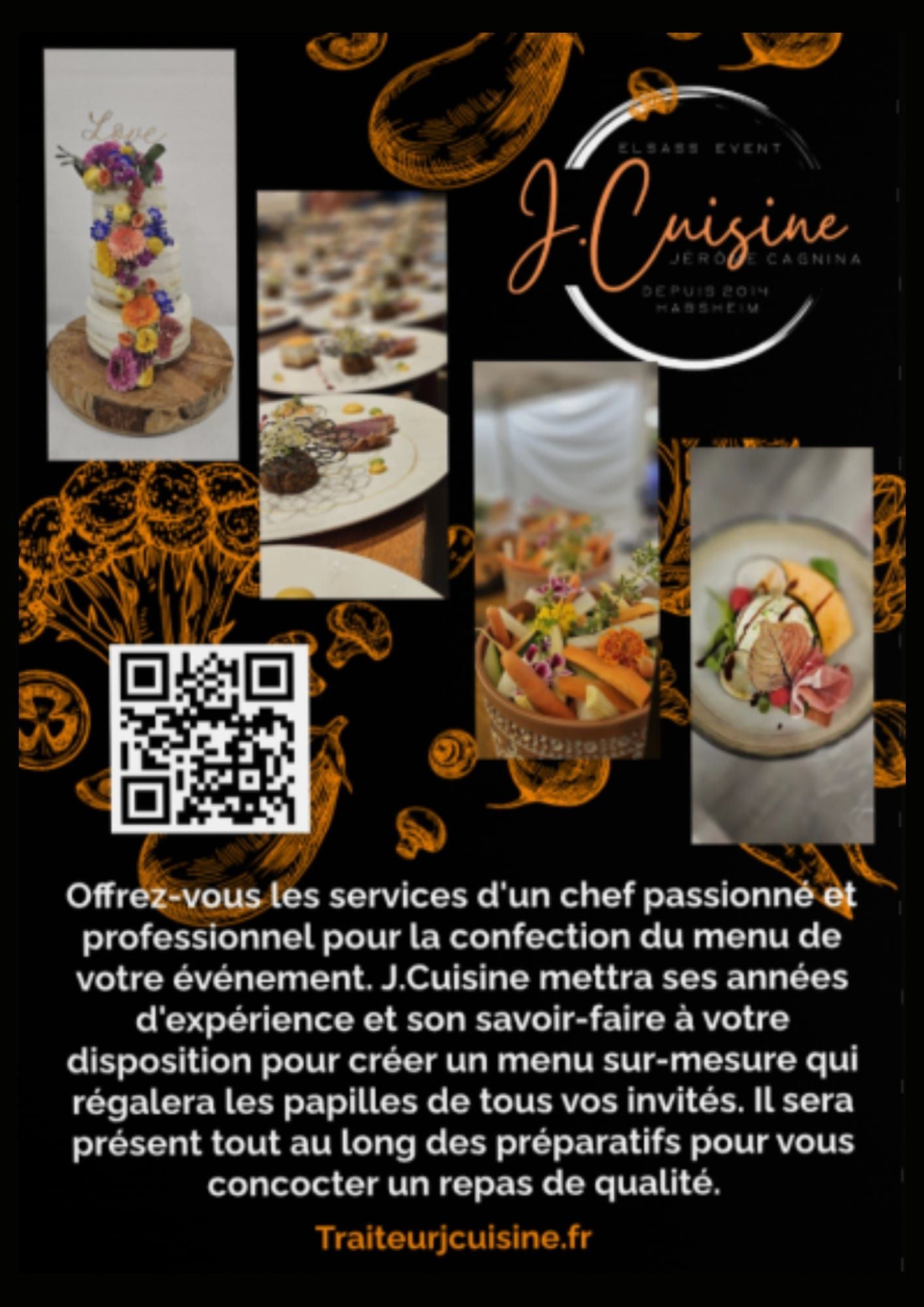 Dépliant pour le traiteur J. Cuisine, présentant des photos de plats, un code QR et du texte en français.