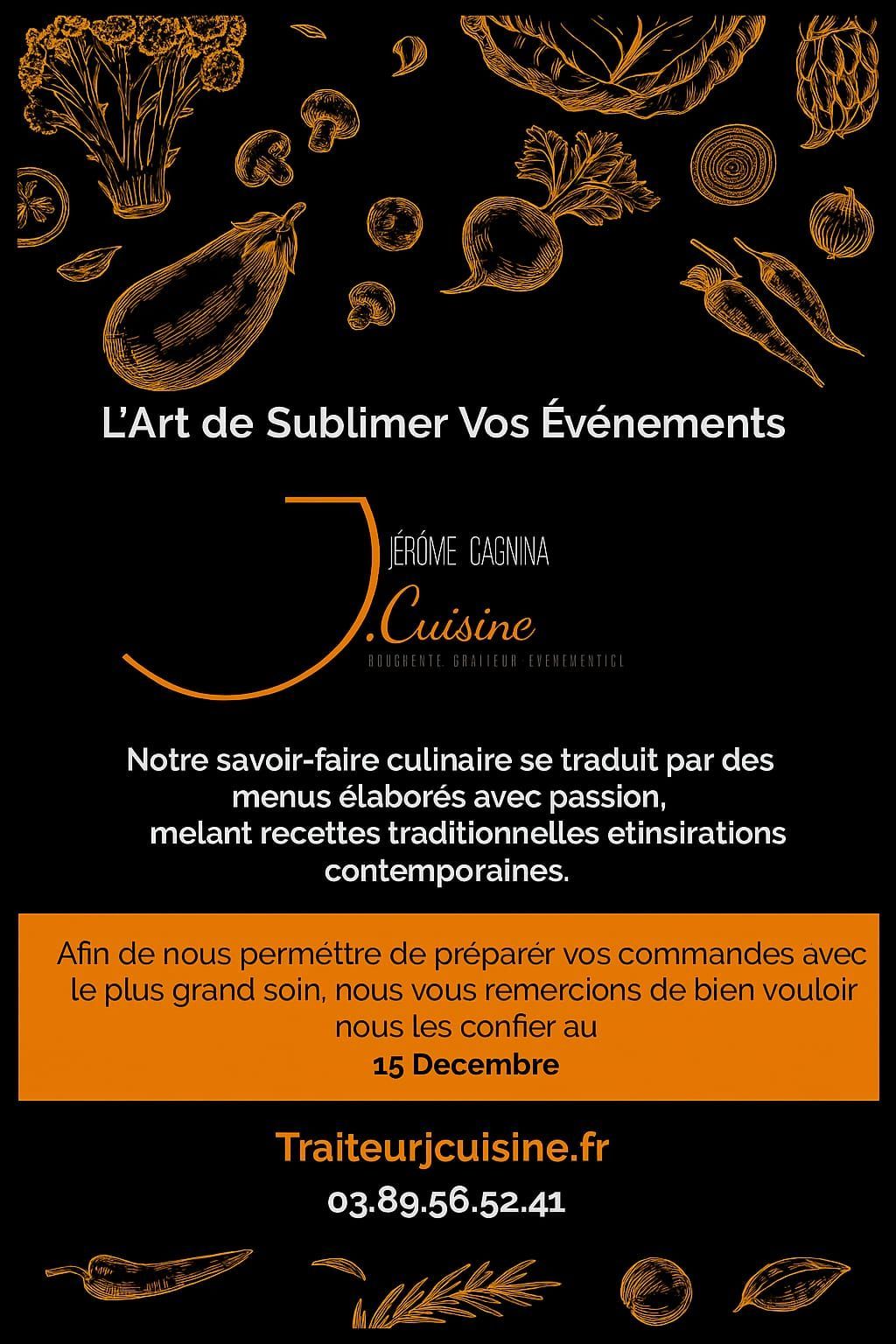 Publicité noire pour un traiteur nommé « J Cuisine » avec diverses illustrations de plats et une date limite.