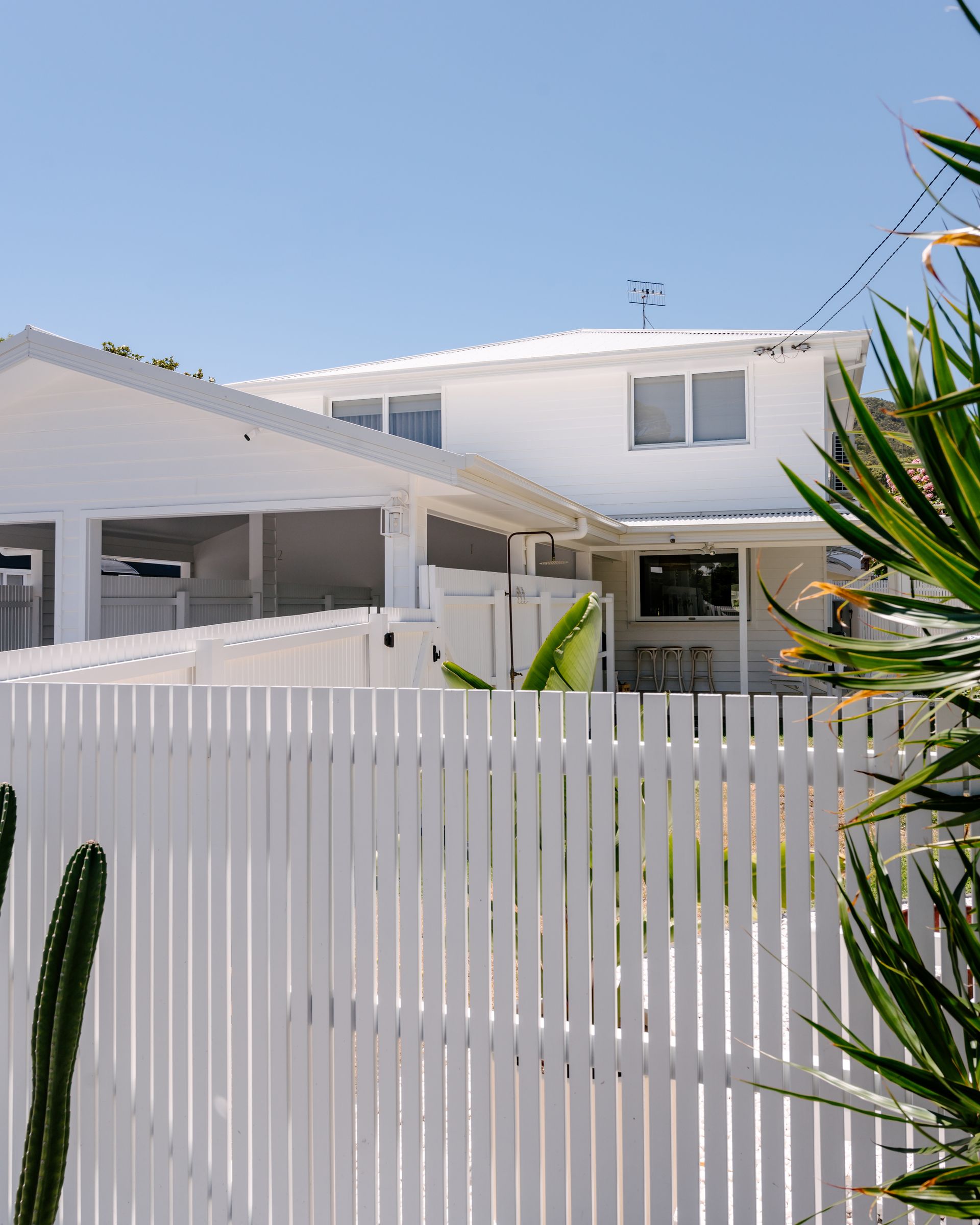 A minimalist, light-toned concrete house with flat roofs, framed by a large tree, manicured shrubs, and a stone pathway.
