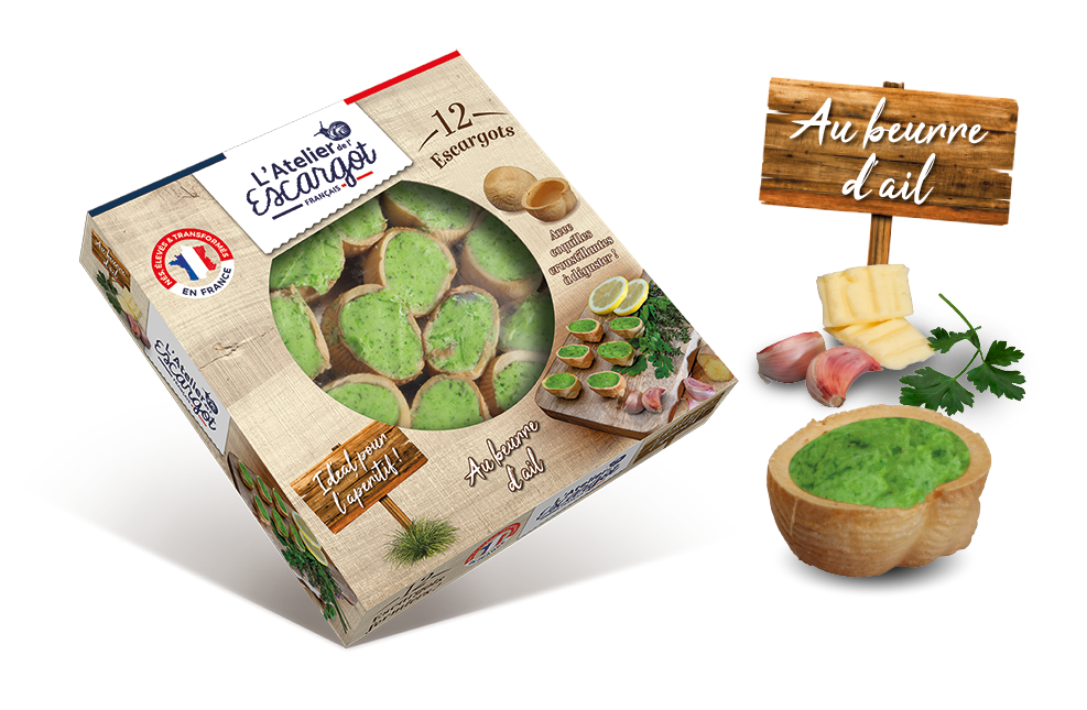 Boite de 12 escargots au beurre d'ail pour l'apéritif avec croquilles à déguster