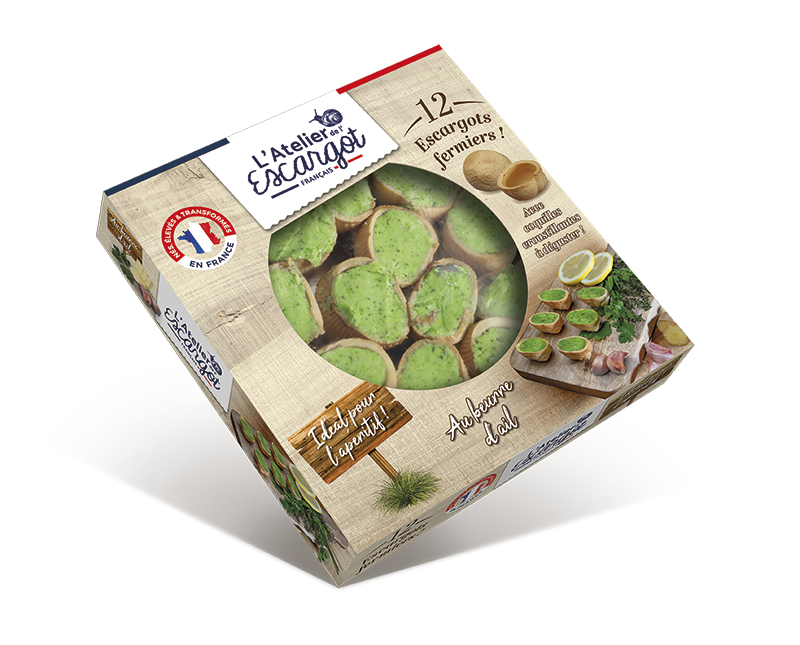 Boite de 12 escargots farcis au beurre d'ail avec croquilles croustillantes à dégusterde l'atelier de l'escargot français