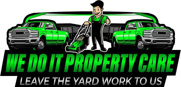 Logo for "We Do It Property Care" with green trucks, a lawnmower, and a smiling man in overalls.