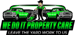 Logo for "We Do It Property Care" with green trucks, a lawnmower, and a smiling man in overalls.
