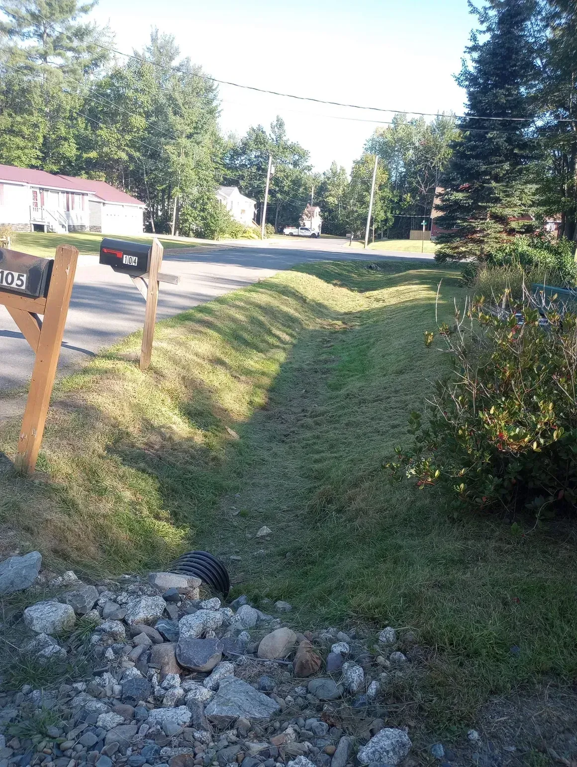 Grassy ditch along a residential road with mailboxes in the foreground and houses in the distance.