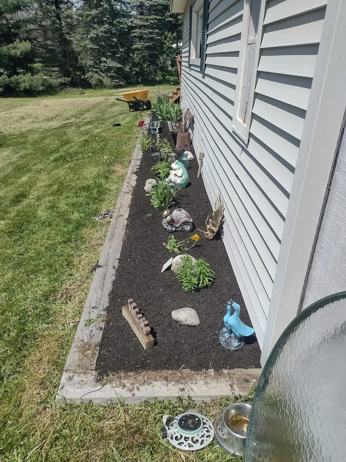 Flower bed with dark mulch, plants, and decorations along a light-colored house. Green grass on the left.