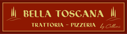 Tempio di Mecenate Ristorante Pizzeria Insegna Bella Toscana Trattoria-Pizzeria su sfondo rosso con scritte bianche e dorate