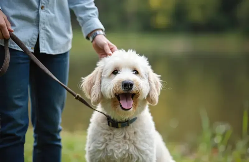 Man in a white sweater in kitchen holding food, dog looking up.