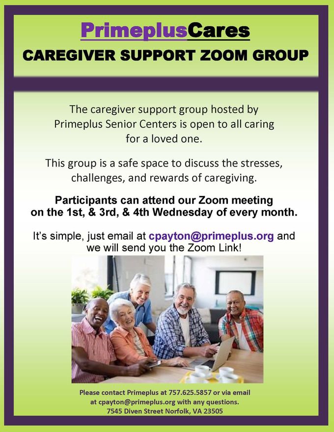Flyer for Primeplus Cares caregiver support Zoom group. Details: meeting on the 1st & 3rd Wednesday, email cpayton@primeplus.org for Zoom link.