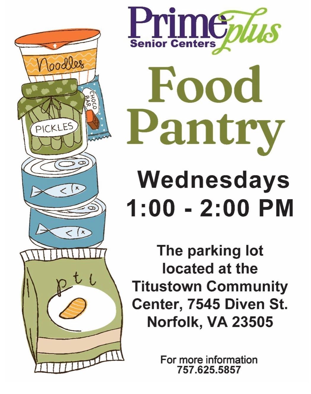 Food pantry at Titustown Community Center, Norfolk, VA. Wednesdays, 1-2 PM. Stacked food items illustration.